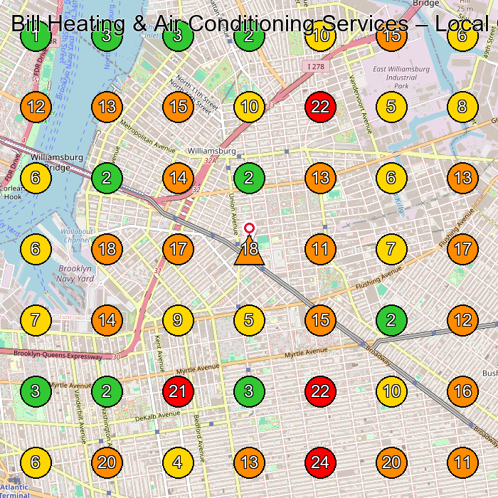 Bill Heating & Air Conditioning Services Air Conditioning Contractor GeoGrid ranking map for Brooklyn NY